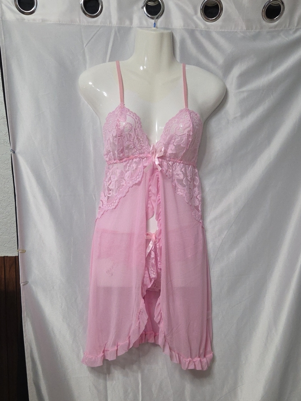 Pink Lace & Mesh Babydoll Nightdress with Matching Panty Small Sz New W Tag